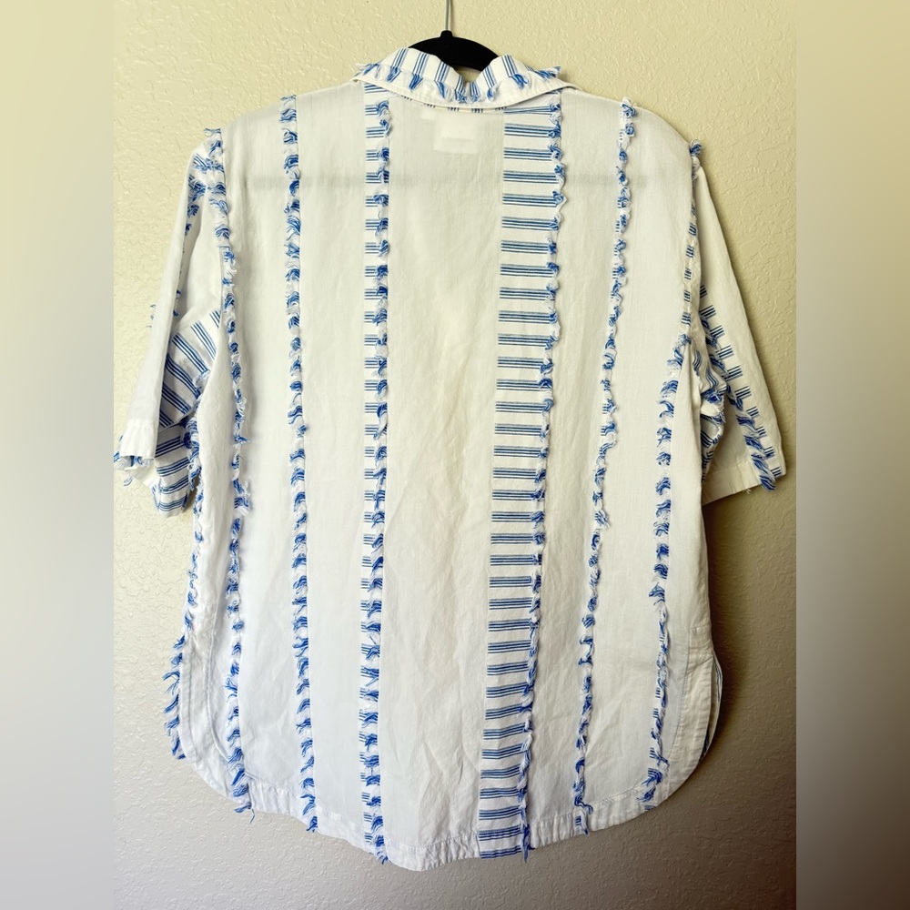 FINLEY | white cotton button top blouse with blue fringe detail | sz XL - Picture 2 of 7